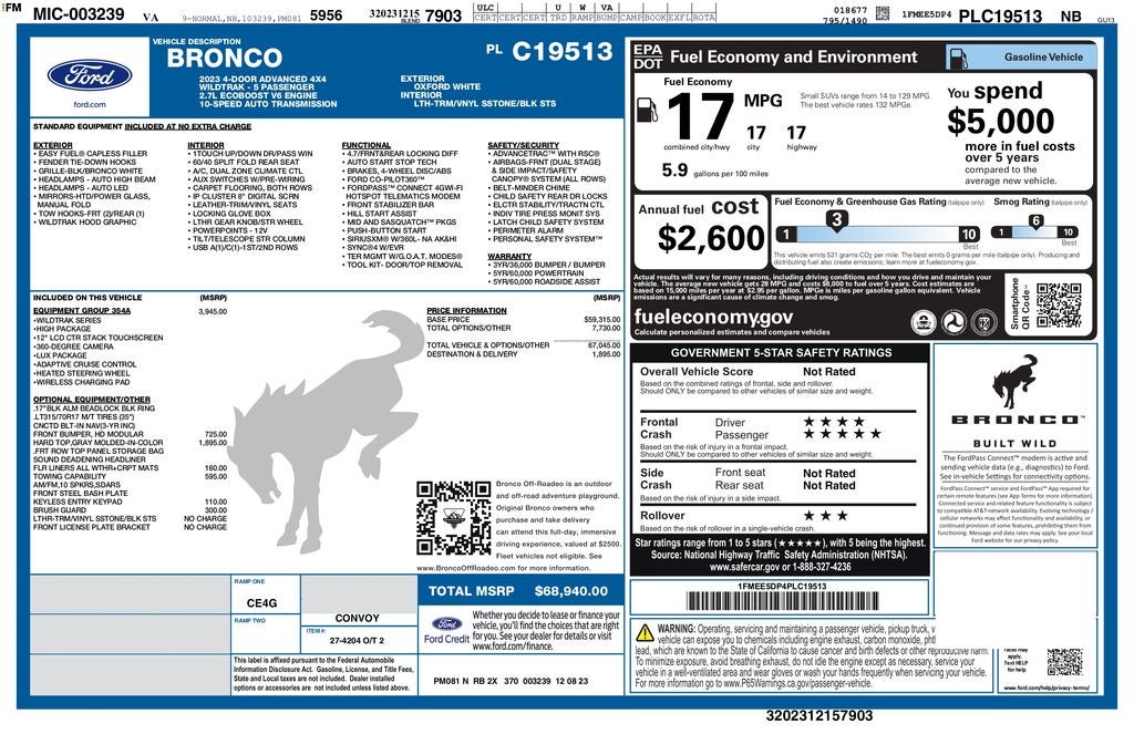 2023 Ford Bronco Wildtrak | Adaptive Cruise | 360 Cam | Towing Capability |