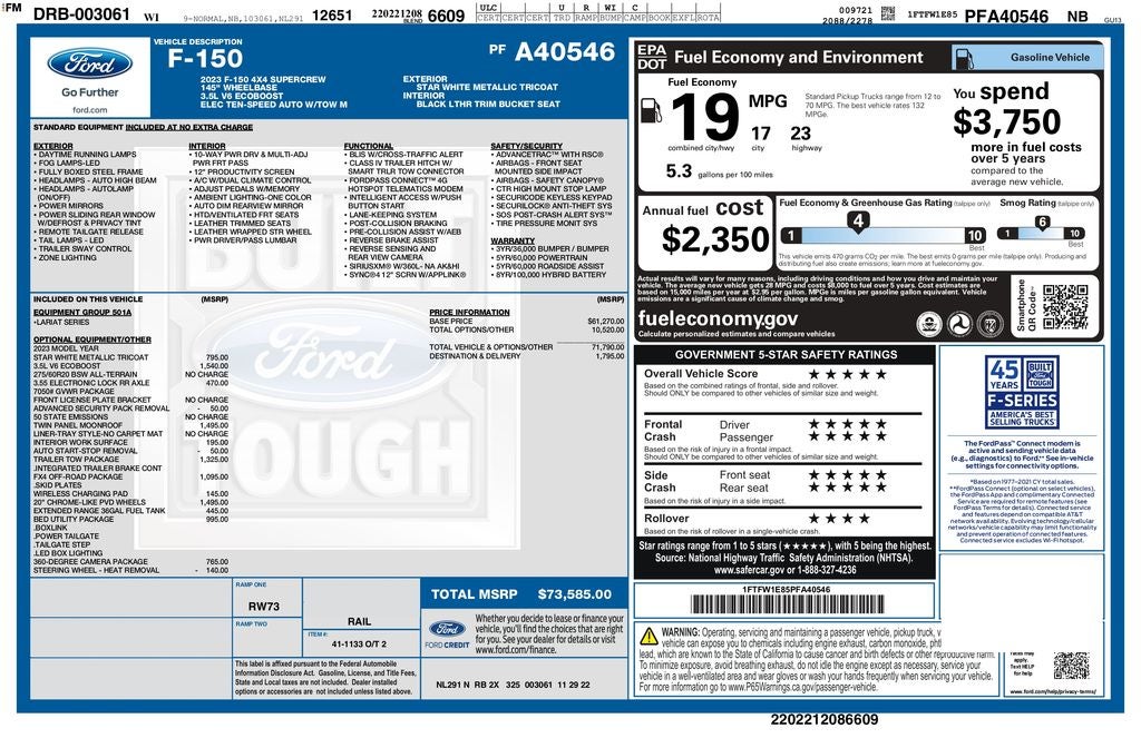 2023 Ford F-150 Lariat 4WD | Pano Roof | 360 Cam | Trailer Tow Pkg | FX4