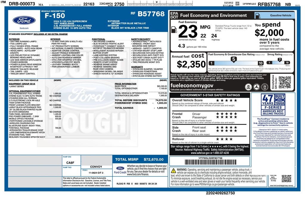 2024 Ford F-150 Lariat 4WD | Pano Roof | 360 Cam | Tow Pkg | Appear Pkg