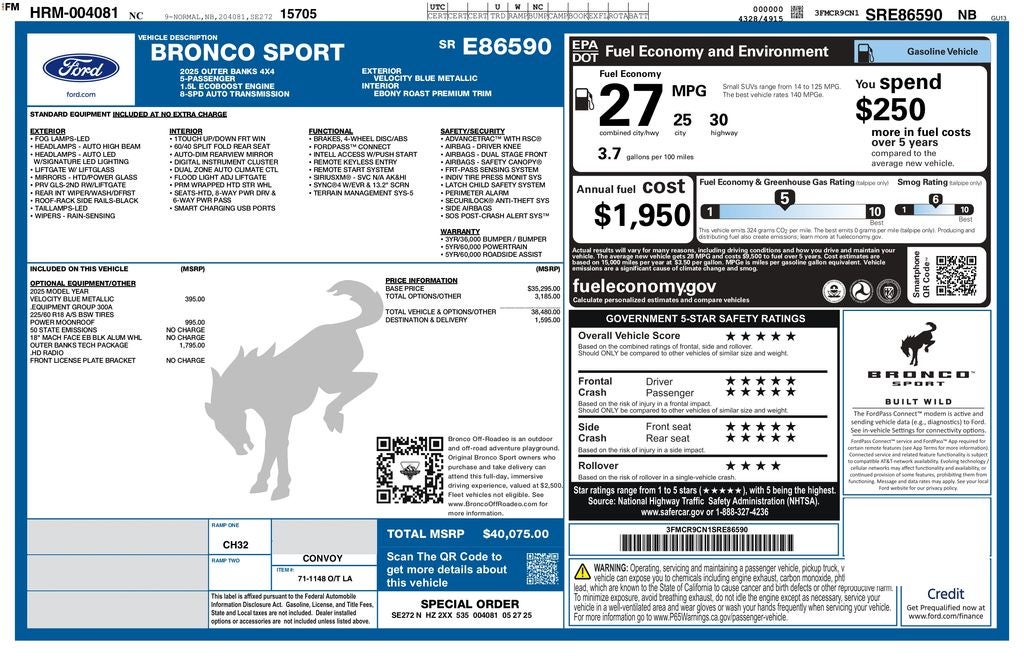2025 Ford Bronco Sport Outer Banks 4WD | Pano Roof | 360 Camera | Tech Pkg