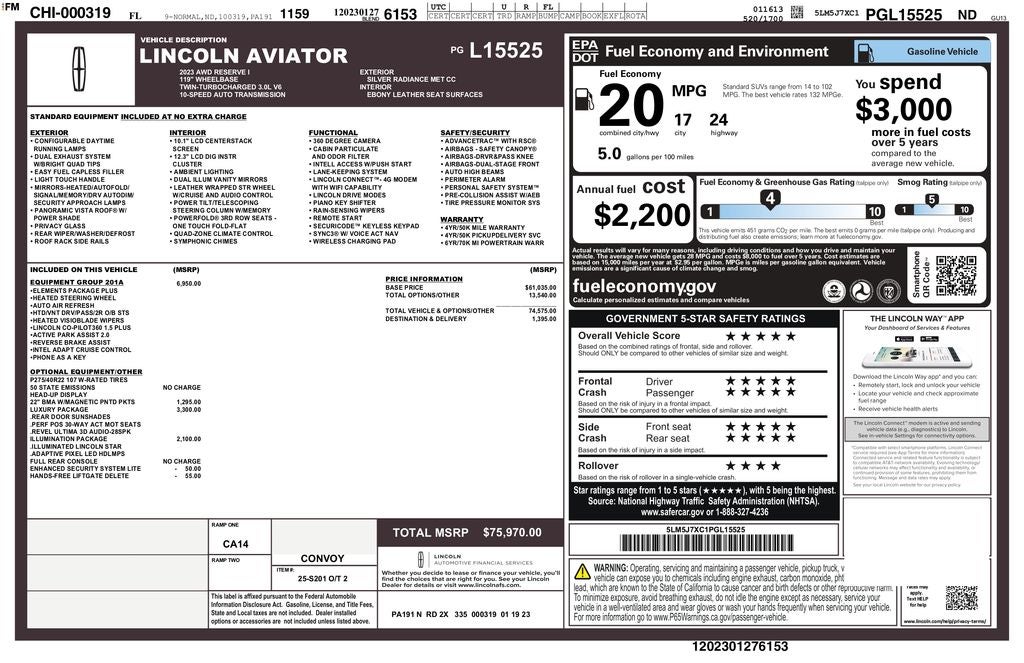 2023 Lincoln Aviator Reserve AWD | Pano Roof | 360 Cam | Luxury Pkg