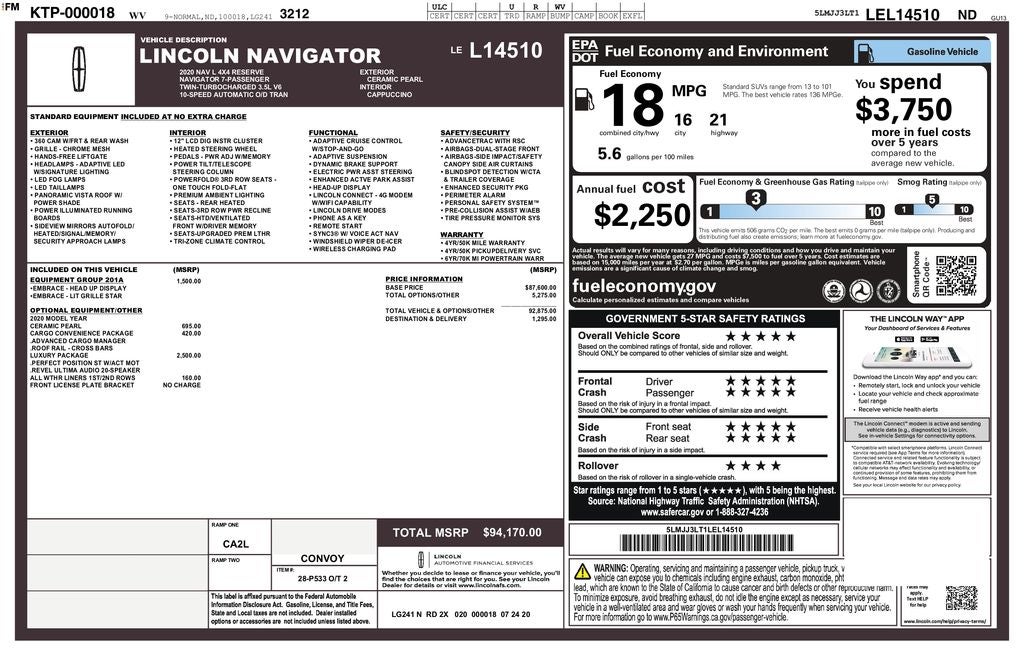 2020 Lincoln Navigator L Reserve 4WD | Pano Roof | 360 Camera | Luxury Pkg