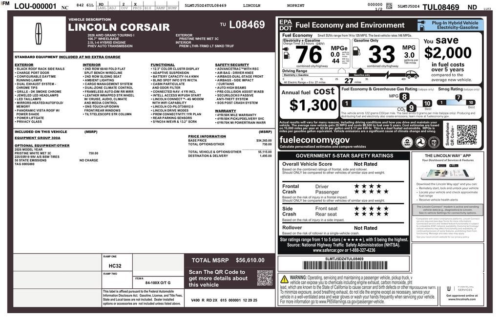 2026 Lincoln Corsair Plug-In Hybrid Grand Touring AWD | Nav | Pano Roof | BLIS